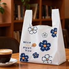 50pcs Printed Tote Bags, Blue Floral Pattern, Small Blue Floral Gift Bags, Cartoon Vest Bags, Thickened Shopping Bags, Supermarket Reusable Tote Bags, Packaging Bags, Plastic Packaging Bags, Jewelry Bags, Reusable Disposable Grocery Retail Bags, Suitable For Supermarkets, Restaurants And Daily Use.