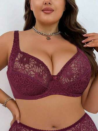 Women's Plus Size Ultra-Thin Semi-Transparent Lace Sexy Breathable Bra With Underwire, French Elegance,Christmas