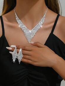 Fashionable Bridal Jewelry Set - Rhinestone Necklace, Earrings, Bracelet, Elastic Ring (Multiple Styles Available For Matching) - White - View 16