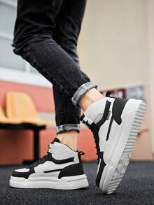 أحذية رياضية عالية الرقبة بتصميم أبيض وأسود متباين مع أربطة، أحذية كاجوال مريحة للارتداء اليومي والتنقل والخروج - أبيض وأسود - مشاهدة 10