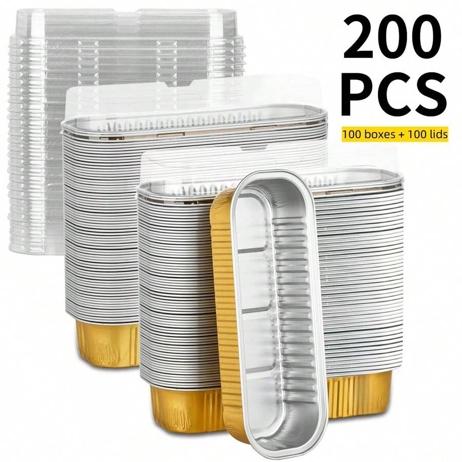 200PCS Mini Aluminum Foil Loaf Pans With Lids (100 Pans + 100 Lids) 6.8oz Rectangular Baking Containers, Disposable Mini Cake Pans Muffin Liners. Cheesecake Cups For Desserts Flans Pudding Breads. Ideal For Picnics Weddings Graduation Party Food Display - Gold - View 1