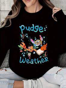 Women Long Sleeve T Shirt  Pudge Weather Stitch Lilo And Scrump Underwater Scene Print Casual Daily Wear Top - 黑色 - 查看 1