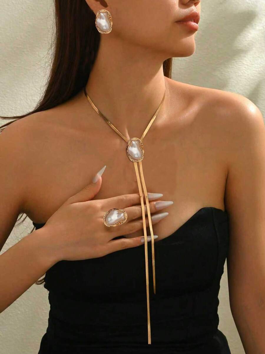Bộ 4 chiếc/Bộ mùa hè mới sáng tạo tua dài hình chữ Y họa tiết hoa thời trang tối giản thanh lịch đa năng - Vàng - Xem 1