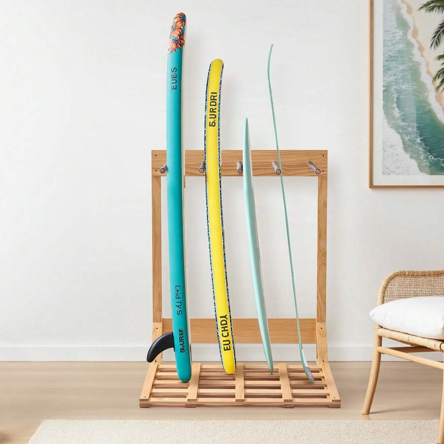 Vertical Surfboard Stand, 4 Tiers Wooden Surfboard Rack For Storage And Display, Freestanding Board Stand Organizer, Surf Board Holder For Wakeboards, Snowboards, Kiteboards, Shortboard, Skis - Floor-standing 4-story Unit - View 1