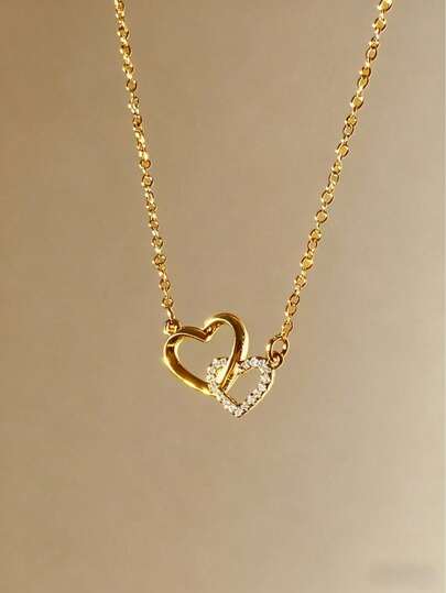 1pc Luxury Double Ring Heart Pendant Necklace, Delicate Zirconia Jewelry, Unique Design, Gentle & Sweet