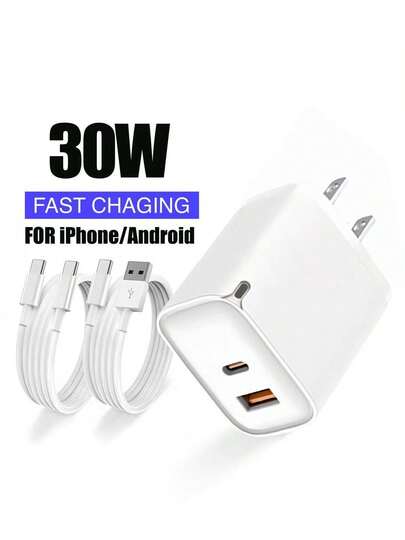 30W 超快双口 A+C 墙充 - 兼容 USB-A 和 USB-C 数据线，多种配置可选。兼容 17/16/15 和 Galaxy S26/S25/S24/S23/S22。适用于家庭、办公室和旅行。感恩节/圣诞节礼物，充电器/墙充，圣诞礼物/送给家人的礼物。