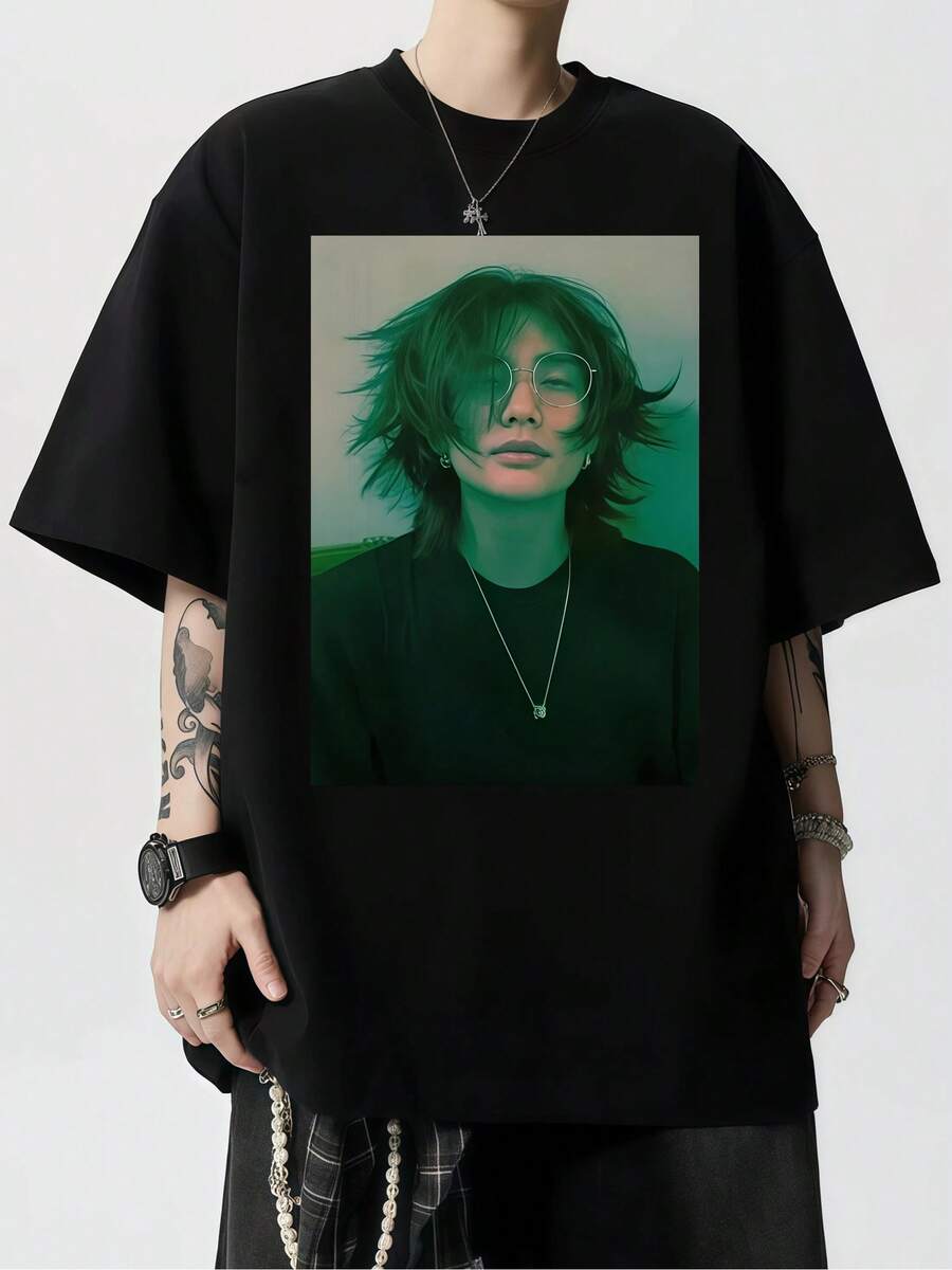 T-Shirt Stray Vintage K-Pop - T-Shirt GraphiquePrinted Cotton T-Shirt With Short Sleeve Round Neck For Street Style Lovers - Fresh Print For Outdoor Wear - 黑色 - 查看 1