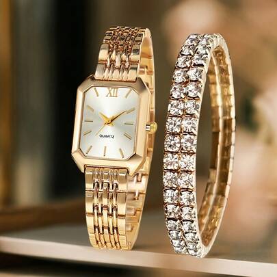 2개 우아한 여성 시계 선물 세트/패셔너블한 럭셔리 팔찌와 코트 스타일 쿼츠 시계 세트/클래식 레트로 사각형 다이얼/편안한 합금 스트랩/가족 및 친구를 위한 완벽한 선물/부활절 캐주얼 웨어에 이상적인 선택/상자 미포함