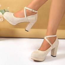 Women's Apricot New Fashion Comfortable Round Toe Slip-On Shoes, Solid Color Simple Fabric Upper, Ankle Strap Buckle Design, Elegant Minimalist Style, Suitable For Spring/Summer Outdoor, Office, Party, Chunky High Heel - Apricot - View 8