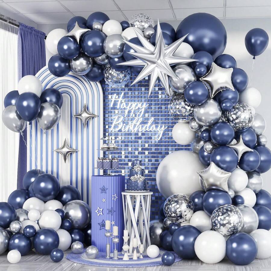 Set arc de ghirlandă cu baloane bleumarin și argintii, 107 buc, set arc de baloane bleumarin și alb, baloane confetti argintii metalizate, baloane din folie potrivite pentru absolvire, ziua de naștere a băieților/fetelor, nuntă, petrecere pentru copii, decor pentru petrecerea Ramadan - Albastru - Vizualizare 1
