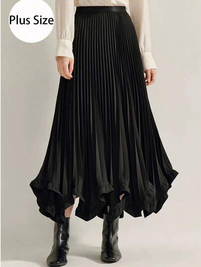 大码女式褶皱荷叶边下摆 A 字裙，优雅花瓣饰边