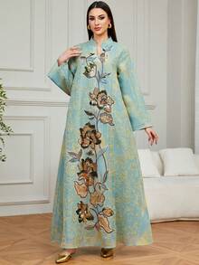 Women's Long Sleeve Kaftan Abaya Dress, Featuring Intricate Embroidery And V-Neck Jalabiya, Made Of Non-Stretch Woven Fabric For Elegant Ladies Evening Gown - Mint Green - View 2