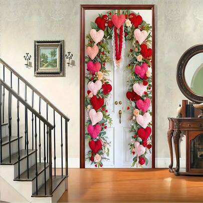 1pc Versatile Polyester Heart Door Garland - Festive Decoration For Valentine'S Day, Weddings, Anniversaries, Bachelorette & More, No Power Needed, 2D Party Banner