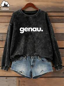 Women's Autumn/Winter Retro Style Letter Print Casual Simple Retro Street Style Everyday Comfortable Long Sleeve Thermal Lined Washed Crew Neck Sweatshirt - Black - View 6