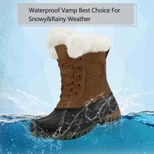 PENNYSUE Women's Waterproof Insulated Snow Boots, Warm Lace Up Mid Calf Duck Boots For Outdoor And Winter Wear - 黑色/棕色 - 查看 3