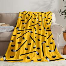 1pc Ice Hockey-Themed Blanket - Vibrant Yellow With Black Hockey Sticks & Pucks Design, Soft Polyester Flannel, Perfect For Home Decor, Travel, Office, And Birthday Gifts, Hockey Room Nordic Style Acrylic Rectangular Office Nap Sofa Blanket, Air Conditioning Blanket, Knitted Small Blanket, Shawl Cover Blanket, Bed End Blanket Soft & ,Skin-Friendly Multi-Size Versatile Blanket ,Lettering Numbers Doodle Christmas Blanket,Chicken - 彩色 - 查看 5