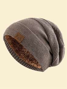 JZML 1pc Unisex Letter Label Decor Plush Lined Slouchy Beanie - 卡其色 - 查看 5