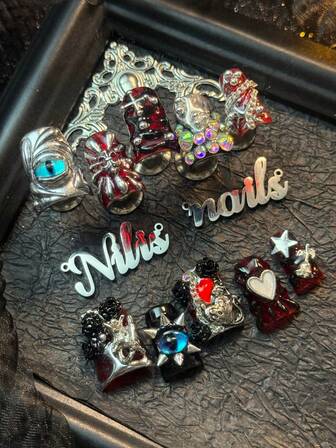 10pcs Short Duck Nail Set, Handmade Nail ArtStickers,3D Three-Dimensional Nail Rhinestone Steel Ball Accessories, Colorful Shiny Nail Gems, Red&Silver Metallic Tie Dye Nails Black French Y2k Style Wearable NailArt Set Hand Drawn Geometric Patterns&Hand Carved Eyes Suitable For Women To WearDaily Parties (With: A Piece Of JellyGlue And A Friction Strip) Nail SuppliesNails