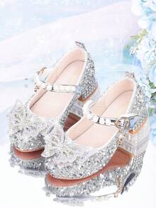 Zapatos de princesa de cuero con rhinestones para niñas en otoño, zapatos para niños, zapatos de cristal para actuaciones y ceremonias, zapatos de suela blanda para niñas, diseñados para niñas bebé, tacones altos de princesa de moda con moño, diseñados para zapatos de baile de moda para niñas, zapatos elegantes diseñados para bodas - Plateado - Ver 15