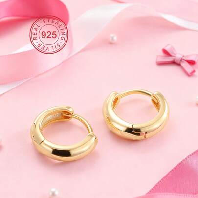 Artepollo 925 Sterling Silver Gold-Tone Hoop Earrings For Women, 14K Gold Plated Curved Round Circle Earrings, Hypoallergenic, Non-Fading, Lightweight, Daily Jewelry, Gift Box Packaging, Birthday Gift