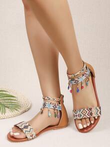 1双女士刺绣串珠波西米亚风T字带平底凉鞋 - 棕色 - 查看 3