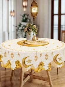 1pc, Ramadan Kareem Polyester Tablecloth, Round-150cm White Golden Moon Star & Eid Lantern Design Tablecover, Eid Celebrations, Eid Al-Fitr & Eid Al-Adha Holiday Table Decor, Family Gathering, Festive Kitchen, Home & Kitchen Decor, Ramadan Mubarak 2026 Party Supplies - Multicolor - View 6