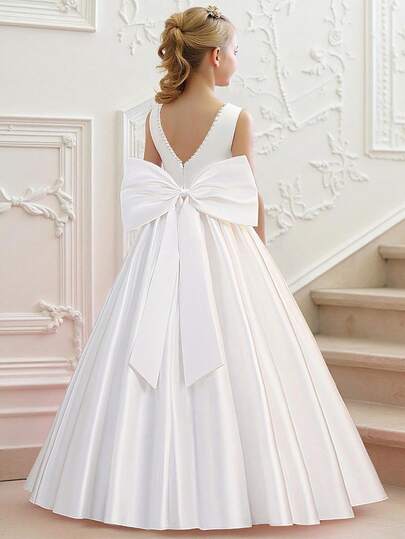 Vestido elegante sin mangas de unicolor con falso lazo de perlas y flor para niña preadolescente, para fiesta de cumpleaños, boda, ocasión formal, sin diadema incluida
