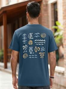 Kaos Kasual Pria Lengan Pendek Leher Bulat Motif Bunga Sederhana - Biru - View 3