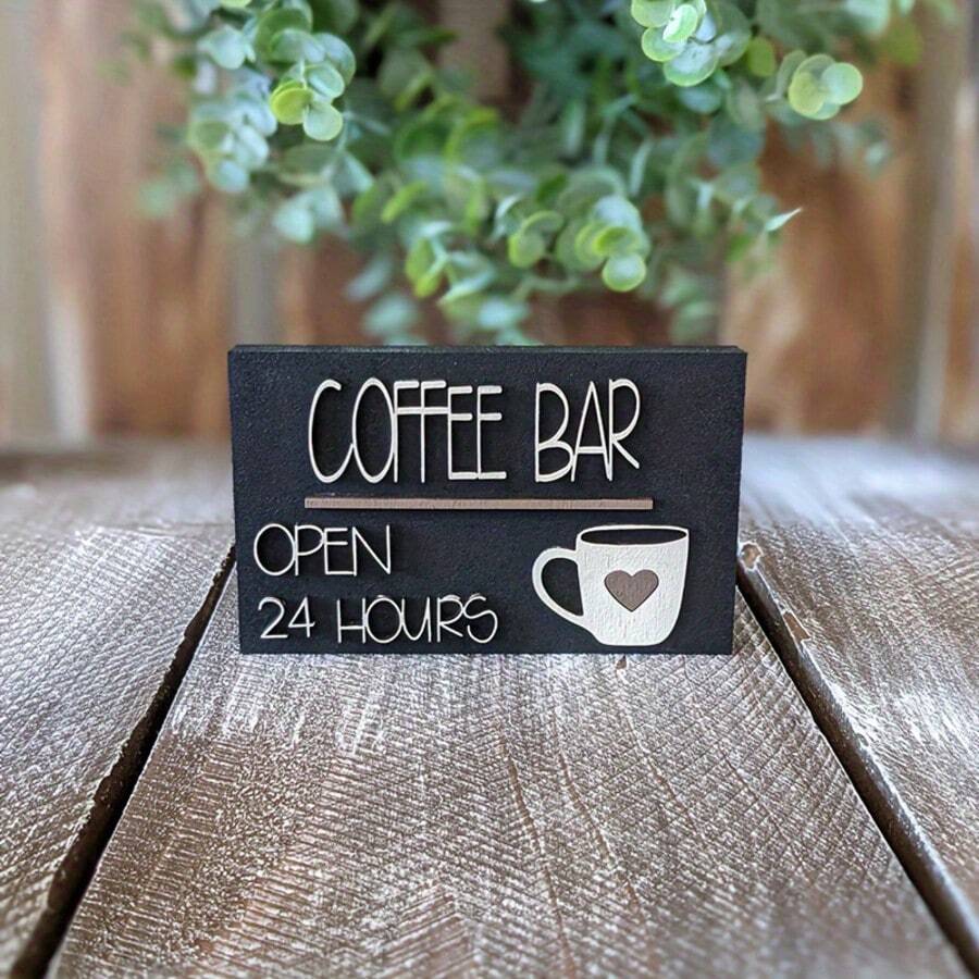 Cute And Fun 3D Coffee Bar, Open 24 Hours, Wooden Box, Mini Coffee Bar Sign, Coffee Tray, Everyday Decoration. - 黑色 - 查看 1