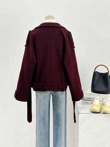 2025 Hit In Europe And America! Korean-Style Retro Slimming Coat, Set To Be Extremely Popular In Europe And The US In 2025! A Plain-Colored Design, Short And Wide-Shouldered Loose-Fitting Coat With Patterns, Suitable For Daily Wear In Autumn And Winter, Suitable For Commuting, Dating, Shopping - All-In-One For Multiple Uses! A Fashionable Set, A Must-Have For The School Season! - Burgundy - View 9