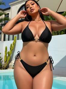 Set Bikini Pelangsing Ukuran Plus Terbaru Warna Hitam & Emas dengan Gesper, Cocok untuk Liburan Pantai Musim Panas dan Santai - Hitam - View 1