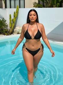 Set Bikini Pelangsing Ukuran Plus Terbaru Warna Hitam & Emas dengan Gesper, Cocok untuk Liburan Pantai Musim Panas dan Santai - Hitam - View 5