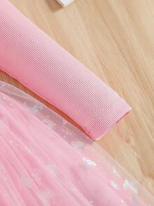 Robe élégante à manches longues pour jeunes filles, avec manches papillon en tulle coloré et ceinture. Convient pour un usage casual quotidien ou pour un anniversaire - Rose bonbon - Voir 5