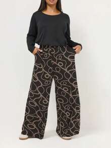 Plus Size Black Woven Wide Leg Pants With Chain Print Long Casual Trousers Featuring Pockets Zipper And Button Details - Black - View 4