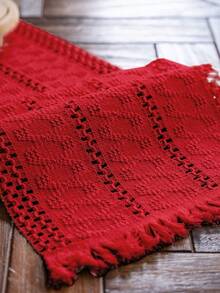 1 pieza Tapete de mesa estilo vintage americano country de color rojo sólido tejido con flecos, mantel rectangular para mesa de café, mueble de TV, fiesta festiva, cumpleaños, decoración del hogar, para todo el año - Rojo - Ver 6