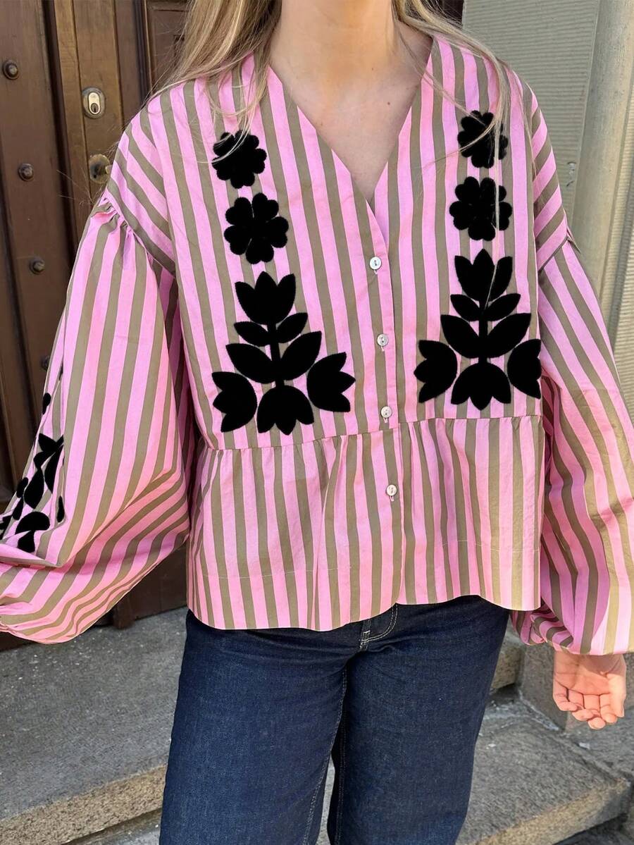 1 pieza Camisa suelta y cómoda con diseño de estampado de colocación elegante y casual para mujer, estilo bohemio de bloques de color a rayas para uso diario, ir al trabajo, brunch, festivales de música, primavera/otoño - Rosa - Ver 1