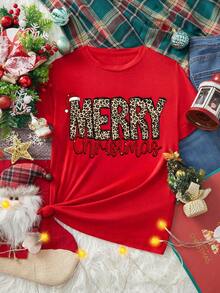 Christmas Leopard Print Round Neck Short Sleeve T-Shirt For Women - Red - View 2
