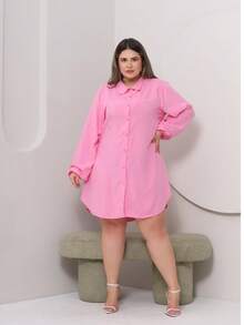 Plus Size Viscose Shirt Dress, Elegant, Lightweight, All Curve - 粉色 - 查看 1