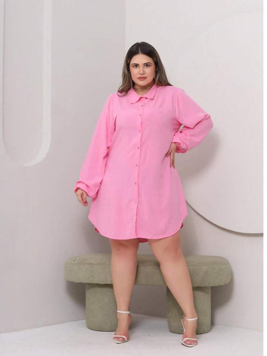 Plus Size Viscose Shirt Dress, Elegant, Lightweight, All Curve - 粉色 - 查看 1
