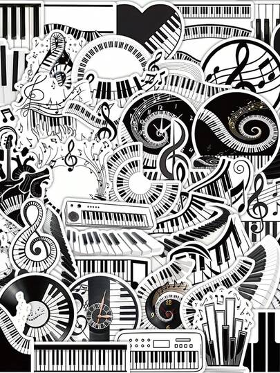 50pcs Cartoon Black & White Piano Note Graffiti Stickers, Fun Art Style, Waterproof Reusable Material, Suitable For Motorcycle Helmet, Car, Gift Box, Envelope, Graffiti Stickers, Guitar, Laptop, Luggage, DIY Crafts, Helmet Stickers, Gamer Stickers, Laptop Stickers, Games, Planner Stickers, Stickers For Bicycle, Gamer Birthday Party, Gamer Club, Office Decor