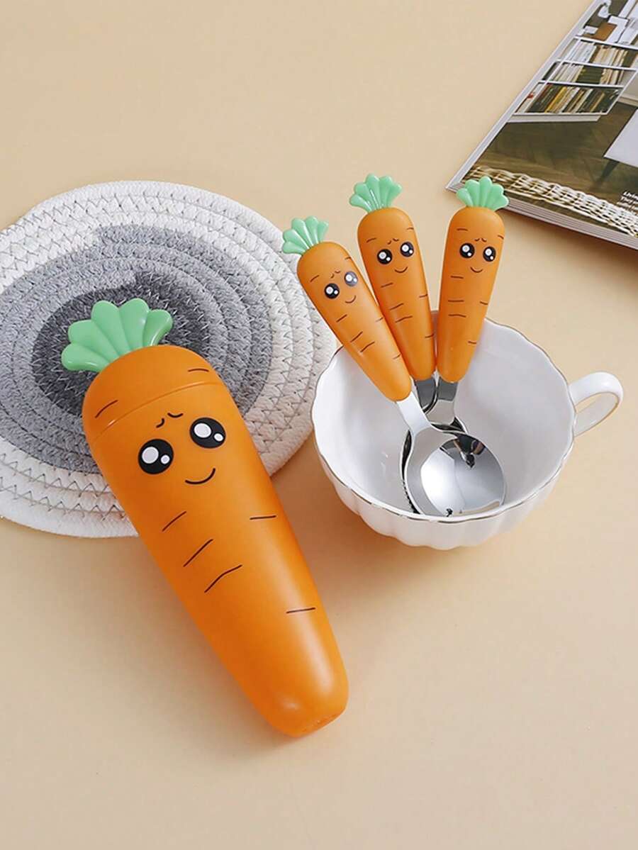 4pcs Plastic Handle Stainless Steel Cartoon Carrot Shaped Spoon & Fork Cutlery Set - Orange - View 1