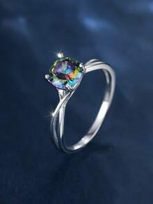 1 Piece S925 Sterling Silver Double Layer Ring, Four-Prong Round Cut Cubic Zirconia With Rainbow Plating, Hypoallergenic Stacking Jewelry For Women, Perfect Daily Luxury Gift. - Multicolor - View 5