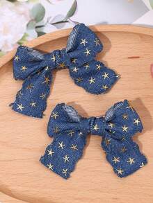 2pcs Denim Bow Hair Clip For Baby Girls Vintage Denim Star Hair Bows Solid Color And Glitter Star Denim Hair Barrettes Casual Denim Alligator Clips Party Denim Star Hairpins Baby Hair Accessories - Blue - View 13