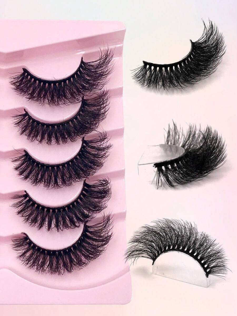 ENCHUW 5 Pairs False Fluffy Russian Strip Lashes 3D Fake Lashes Makeup Messy False Eyelashes Fluffy Thick Lashes 8D Volume D Curly Fake Eyelashes - Black - View 1