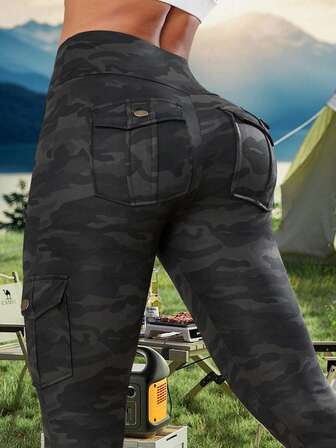 Damleggings med kamouflagefickor, lyftande midja utomhussportbyxor med tight passform
