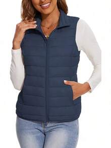 2026 Women's Essential Warm Vest  Lightweight Quilted Puffer Vest Sleeveless Stand Collar Zip-Up Padded Outerwear Gilet ,Classic Versatile For Seasonal Outdoor Use - 海軍 - 查看 11