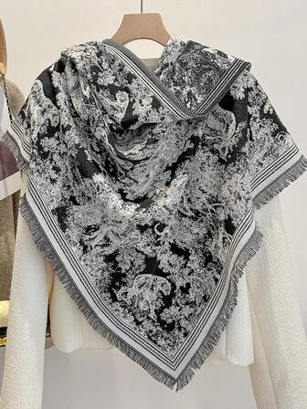 1pc Women's Imitation Cashmere Landscape Print Jacquard Thick Warm Triangular Scarf/Shawl, Suitable For Daily Wear, Autumn/Winter
