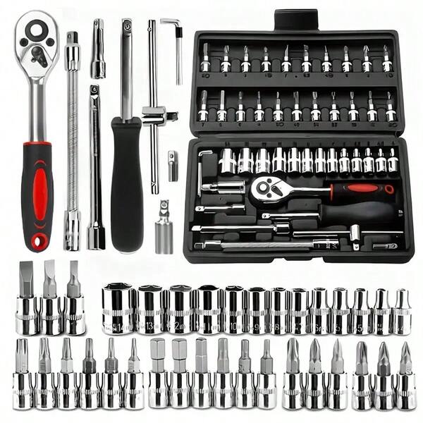 A Set Of 46 Pieces Car Repair Tool Kit, 1/4 Inch Drive Socket Ratchet Wrench Set, Combination Tool Kit, Bicycle Car Repair Tools - Ideal Gift And Perfect New Year Gift(Some Parts Are Random In Color)