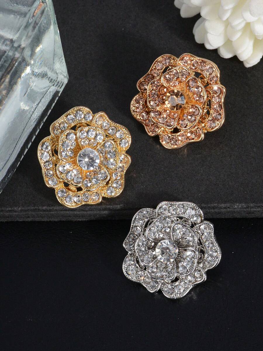 2颗/套 玫瑰花多层全钻镂空金属纽扣，适用于服装装饰、DIY工艺品、鞋子、帽子、包包、珠宝礼盒配件