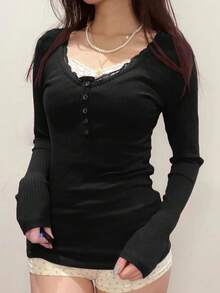 Women Long Sleeve Button Up Lace Patchwork Henley Crop Tshirt Y2K Aesthetic Scoop Neck Fit Shirt Top - 黑色 - 查看 1